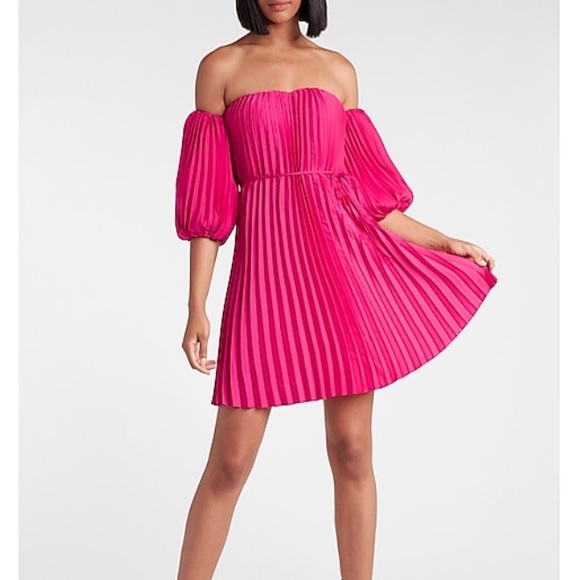 Express Dresses & Skirts - NWT Express Off The Shoulder Pleated Mini Dress Flamingo Pink